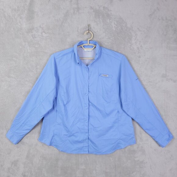 PFG Columbia Top Shirt Womens Blue Sz 1X Long Sleeve Vented Snap Button Fishing - Picture 1 of 15